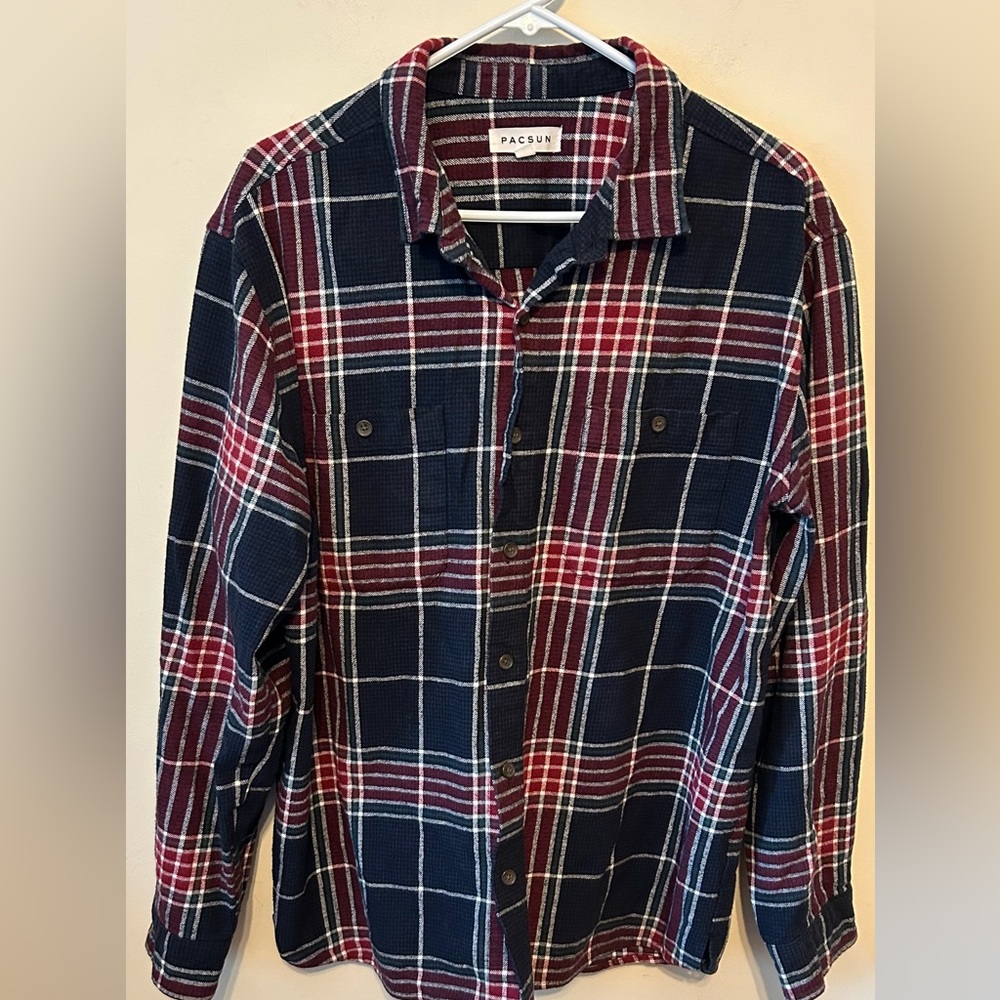 PacSun Men's Blue Plaid Button Up Cotton Flannel LS Pockets Size‎ Large
